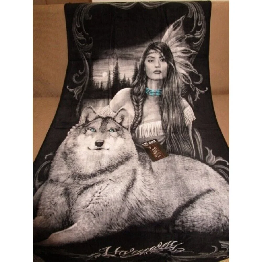 New Beach Bath Pool Towel Native Girl Woman & Wolf Friends Gift Indian DGA 28x58